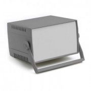 Patola caixa plástica de montagem eletrônica com alça e painel p/ fechamento abertura lateral de ventilação cor cinza escuro