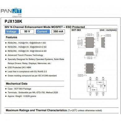 07005-00660200 10x Transistor Mosfet PJX138K 50V 350mA marcação 8KB