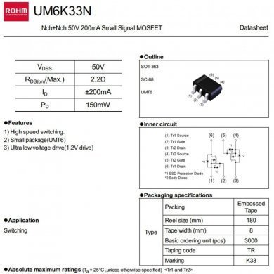 07G005C83011 5x Mosfet UM6K33N K33 Nch Nch 50V 200mA
