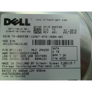 0F11141 HD DELL 2TB SATAII 3Gbs 7.2k 3.5 Pol.