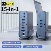 Docking station 15 in 1 para PC, MAC e Android 2x USB Tipo-C 2x USB 2.0 1x HDMI 1x Display Port 1x RJ45 1x Mic