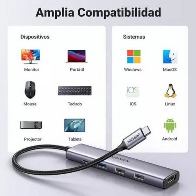 15495 Ugreen Hub USB-C 5 em 1 1x USB 3.0 1x HDMI 4K 30Hz