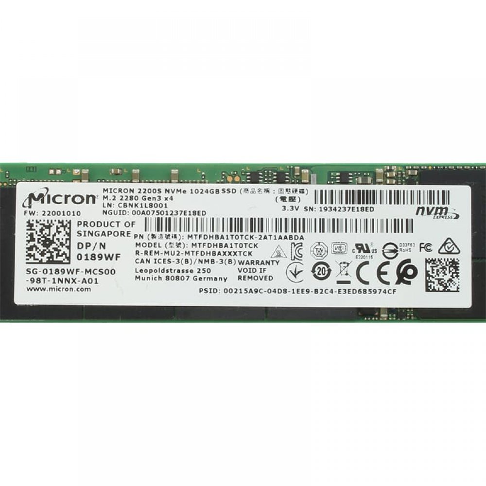 189WF Micron SSD 1TB M.2 NVMe 2280 PCIe Gen3 x4
