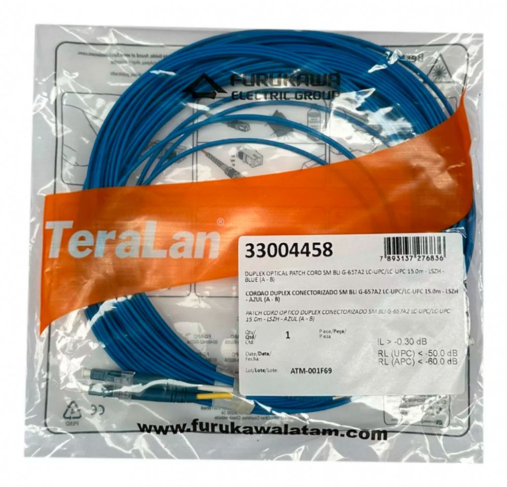 33004458 Cordão optico SM Duplex Monomodo LC/LC UPC 15M