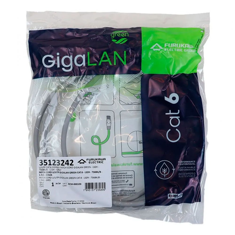 35123242 Furukawa patch cord Gigalan CAT6 1.5m cinza LSZH