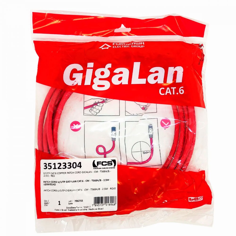 35123304 Furukawa Patch Cord CAT.6 CM 2.5 metros Vermelho