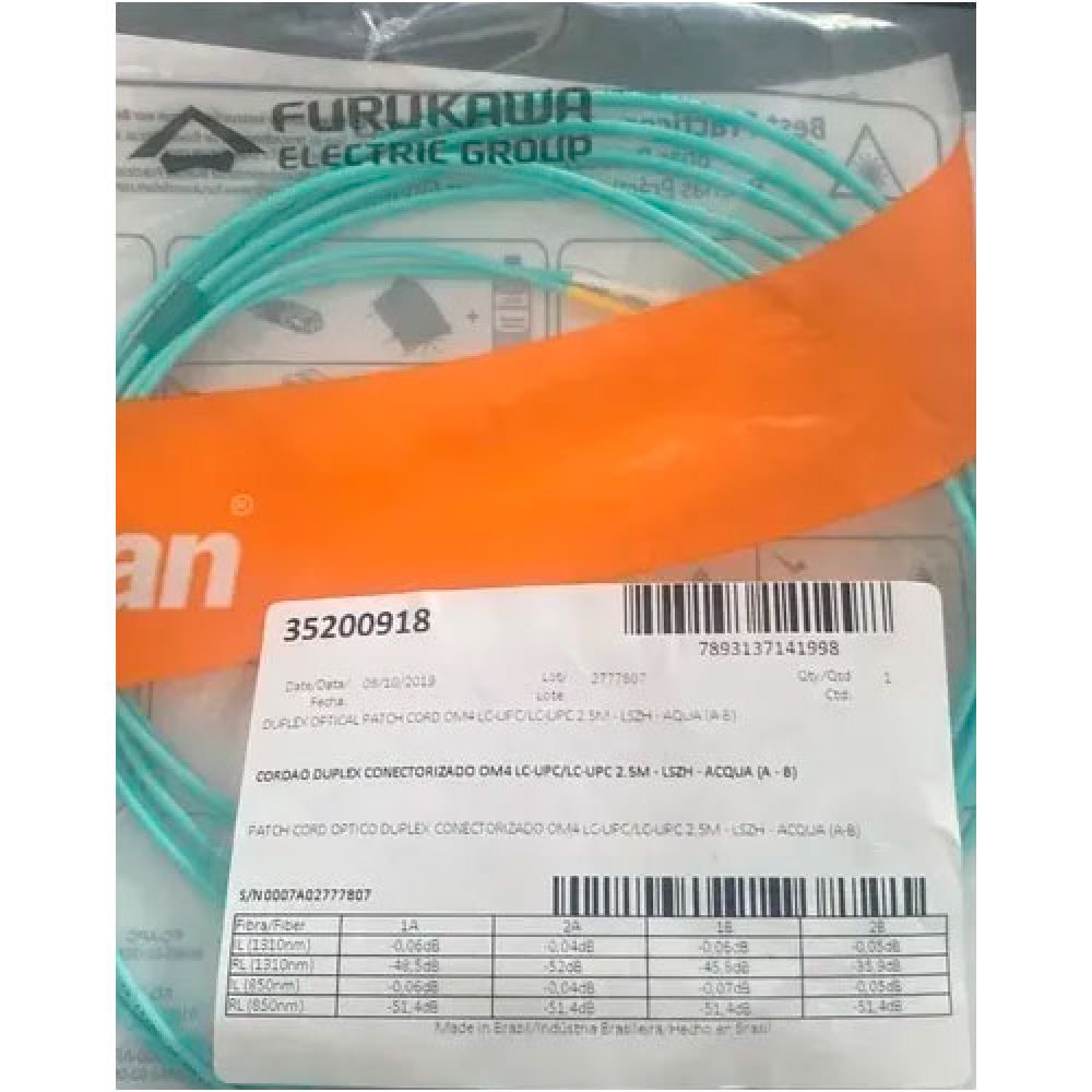 35200918 Furukawa Cordão Duplex Multimodo LC/LC-UPC 10G 2.5M