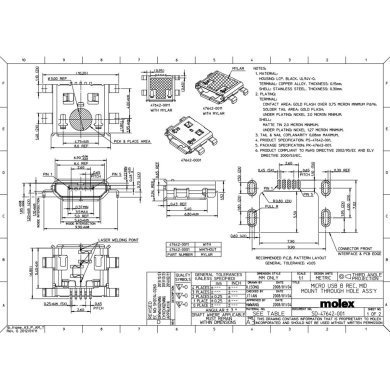 47642-0001 10x Conector Micro USB B femea 5 pinos Molex SMD