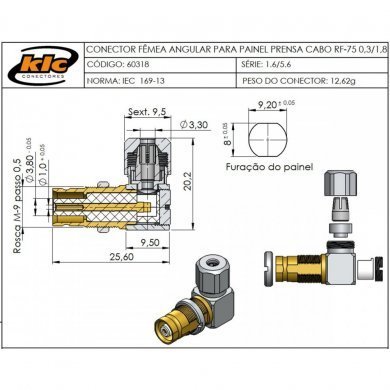 60318 5x KLC conector IEC 169-13 1.6/5.6 femea angular
