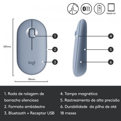 Logitech Mouse Sem Fio Pebble M350 Azul