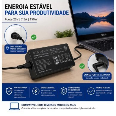 A18-150CHB Fonte compatível notebook Asus 20V 7.5A 150W pino 4.5x3.0mm