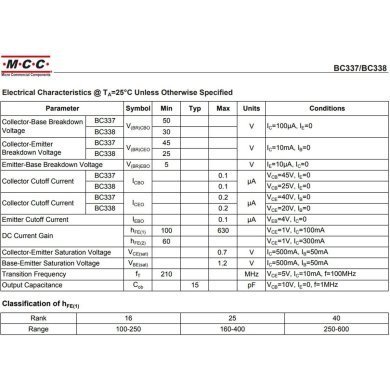 BC337-25-AP 100x transistor BC337-25 BJT NPN 45V 800mA 210MHz TO-92-3