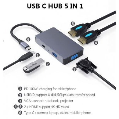 Docking Station Hub USB Tipo-C 5 em 1
