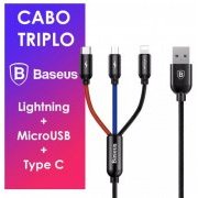 Cabo 3 Saídas USB Tipo C, Micro USB e Iphone 