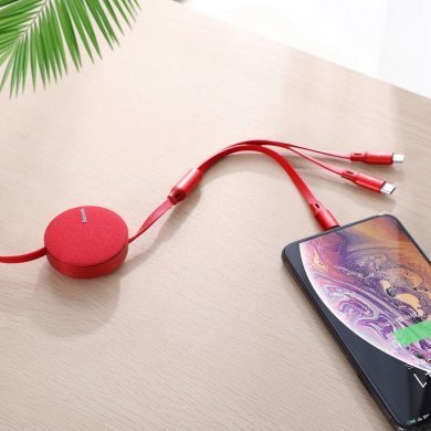CAMLT-BY09 Baseus cabo USB retrátil 3 em 1 vermelho 3.5A 1.2m