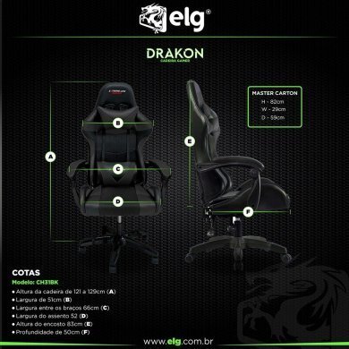 ELG Cadeira Gamer Drakon Black com apoio dorsal