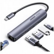Ugreen Hub USB-C 5 em 1 2x USB 3.0 1x HDMI 4K 60Hz 1x RJ45 Gigabit 1 USB-C PD 100W