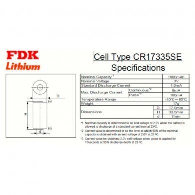 CR17335SE FDK Bateria Lithium 3V terminais solda PCI