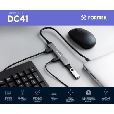 DC41 Fortrek Hub USB-C 4x1 1x USB 3.0 3x USB 2.0 em aluminio