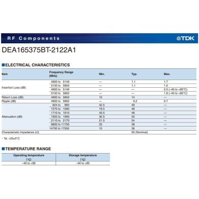 DEA165375BT-2122A1-100X 100x Filtro Ceramico TDK de 4900 a 5850Mhz 1.7dB
