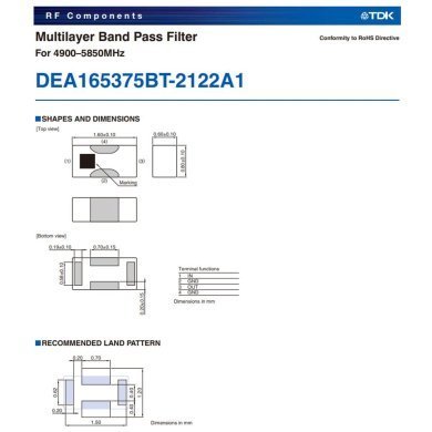 DEA165375BT-2122A1 Rolo 4000x Filtro Ceramico TDK de 4900 a 5850Mhz 1.7dB 0603