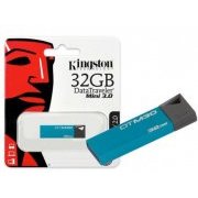 Pen Drive MINI Kingston 32GB USB 3.0 Data Traveler Preto e Azul Claro Metalizado