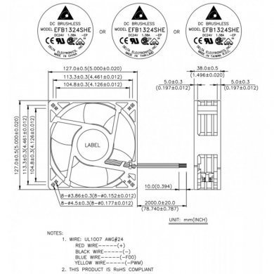 Fan cooler 24V 1.38A 3 fios 12.6 x 12.6 x 3.6 cm