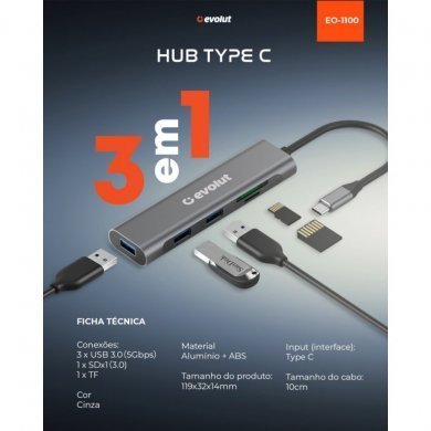 Evolut Hub USB Tipo-C EO-1100 5 em 1