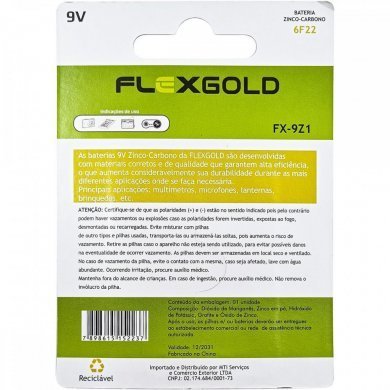 Flex Bateria 9V zinco carbono 0% de mercúrio e cádmio
