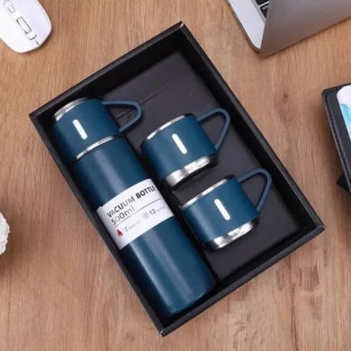 GAR-TERMICA-3X-AZL Kit garrafa térmica azul inox 500ml com 3 xícaras