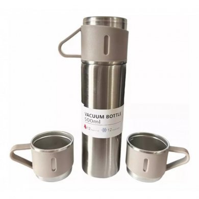 GAR-TERMICA-3X-CRM Kit garrafa térmica cinza inox 500ml com 3 xícaras