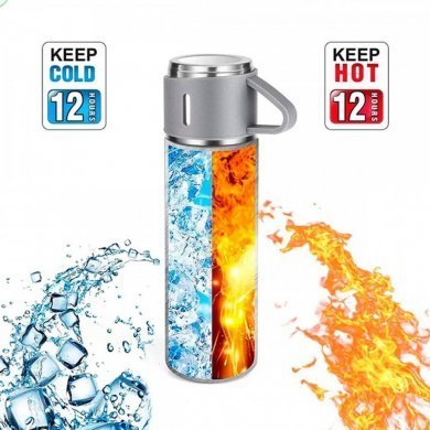 Kit garrafa térmica cinza inox 500ml com 3 xícaras