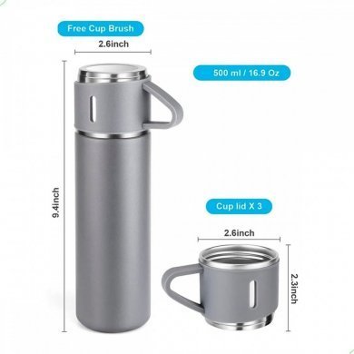 Kit garrafa térmica cinza inox 500ml com 3 xícaras