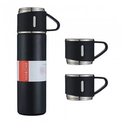 GAR-TERMICA-3X-PTO Kit garrafa térmica preto inox 500ml com 3 xícaras