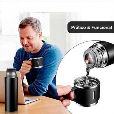 Kit garrafa térmica preto inox 500ml com 3 xícaras