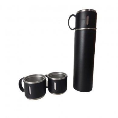 Kit garrafa térmica preto inox 500ml com 3 xícaras