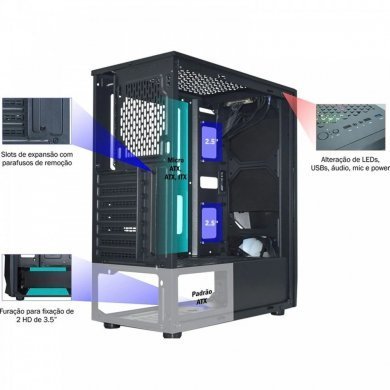 GBKXCG02TJ Kmex K-Mex gabinete gamer Jaeger 2 CG-02TJ preto RGB