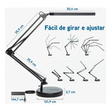H3728-PT Holda luminária LED de mesa articulada USB preta