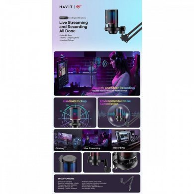 Havit microfone Gamernote GK50 Pro USB braço articulado