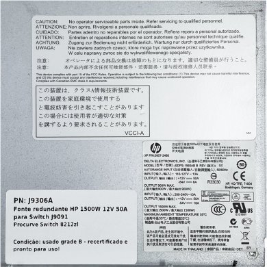 J9306A Fonte redundante HP 1500W 12V 50A para Switch J9091