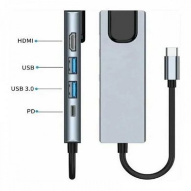 KP-AD143 Hub USB-C 5 em 1 HDMI USB 3.0 RJ45 Fast Ethernet PD