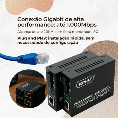 Knup Conversor de mídia fibra óptica A+B 1000Mbps RJ45 20km