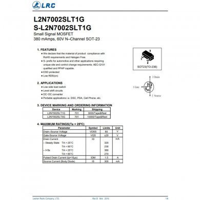 L2N7002SLT1G-HS 10x Mosfet L2N7002SLT1G 701 N 60V 380mA N-Channel SOT-23