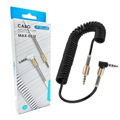 MAX-03123 IT-Blue cabo auxiliar P2 para P2 90 graus 3.5mm espiral 1.2m