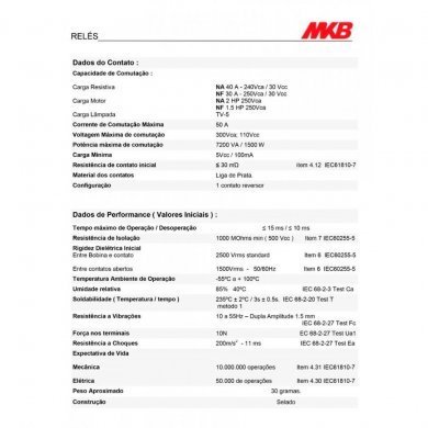MKB Rele SPDT 12V NA 40A 240Vca / NF 30A 240Vca