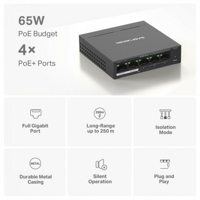 MS105GP Mercusys Switch 5 Portas Gigabit POE+ 65W