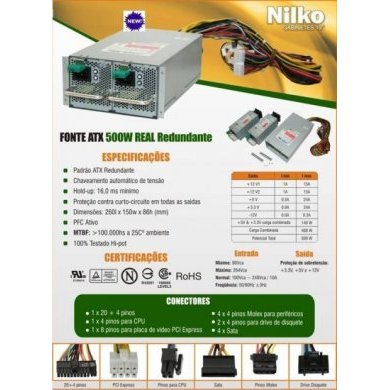 P500-80MR1 Fonte Redundante Nilko 2x 500W ATX