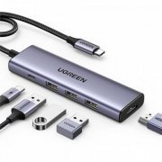 Ugreen Hub USB-C 5 em 1 HDMI, USB-C e 3x USB 3.0 Resolução até 4K 30Hz, entrada até 100W