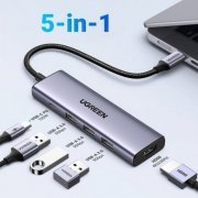 Ugreen Hub USB-C 5 em 1 HDMI, USB-C e 3x USB 3.0 Resolução até 4K 30Hz, carregamento PD de até 100W
