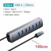 Yottamaster HUB 7 portas USB-A 5Gbps Cabo 1 metro Entrada de alimentação Tipo-C 5V 3A Compatível com Windows/M